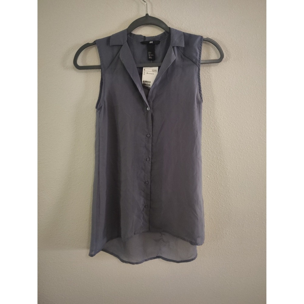 HM Sleeveless Button Down Blouse‎ Slate Blue Gray High Low Hem Top Size 2 NEW